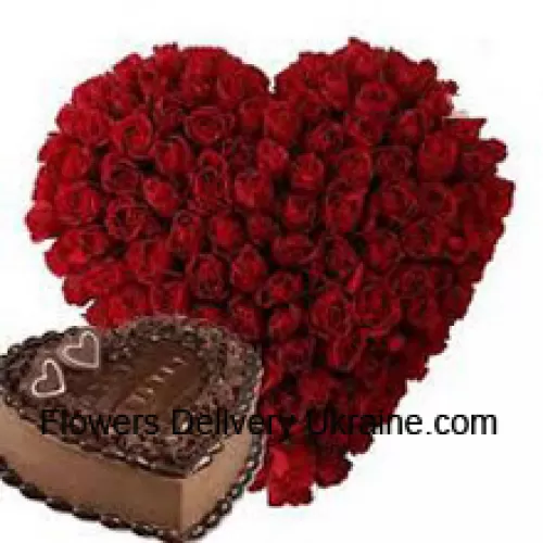 Heart Shaped Arrangement Of 101 Red Roses Along With 1 Kg Heart Shaped Chocolate Cake