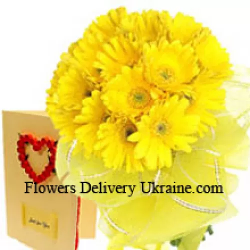 Bouquet de 19 gerberas jaunes avec une carte de vœux gratuite