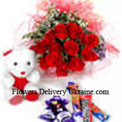 Bouquet de 11 roses rouges avec chocolats assortis et un ours en peluche mignon