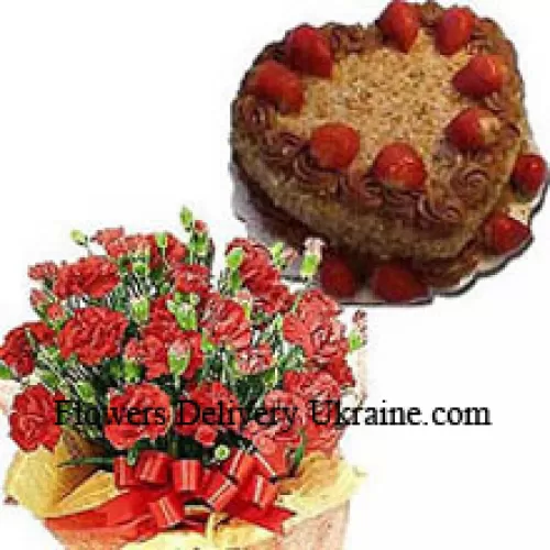 Bouquet de 25 œillets avec des garnitures saisonnières et un gâteau au beurre de 1 kg en forme de cœur