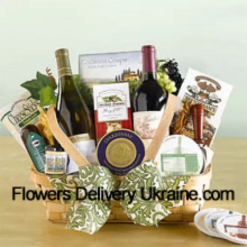 This Christmas Gift Basket includes two California Red Wine, cheese, crisp crackers, pistachios, nuts, salami, chocolate chip cookies, a Napa Valley mini mustard, and a set of coasters along with a keepsake cheese spreader.  (Contents of basket including wine may vary by season and delivery location. In case of unavailability of a certain product we will substitute the same with a product of equal or higher value)