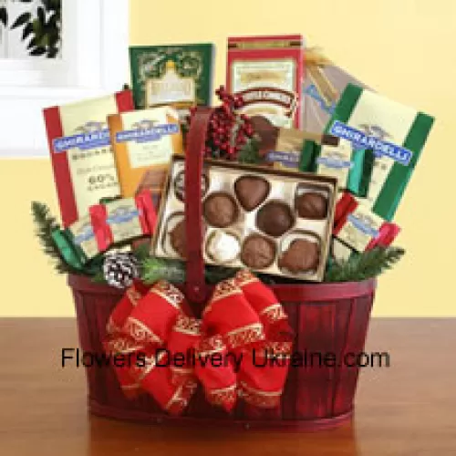 Our handsome red splitwood handle basket is all decked out in holiday splendor, and packed with a sweet sampling of Ghirardelli's greatest chocolate creations. There's plenty inside to discover and enjoy, and the sweet excess will keep your recipients smiling for days. We've included: two gift bags of Ghirardelli squares (mint chocolate & dark chocolate), truffle cookies, a caramel chocolate bar, hot cocoa mix, and an assortment of Ghirardelli chocolate squares. We top it off with a festive bow, and add silk greenery and accents to make sure this Father's Day present is a memorable one (Please Note That We Reserve The Right To Substitute Any Product With A Suitable Product Of Equal Value In Case Of Non-Availability Of A Certain Product)