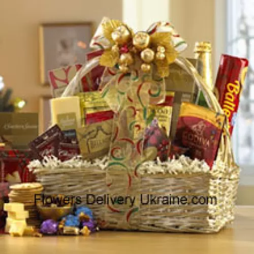 This gift basket shines for the holidays with a great selection of gourmet food for all. A shimmering basket holds Dutch Gouda Cheese Biscuits, Crantastic Snack Mix, Chocolate Cocoa, Scottish Shortbread Fingers, Roasted Peanuts, assorted Godiva Dark Chocolates, Smoky Cheddar, Fancy Water Crackers, Swedish Ballerina Cookies, Holiday Mints, Bellagio Caramella Coffee, Tea, and non-alcoholic Sparkling Apple Cider. It makes a nicely balanced selection of sweet and savory foods that are sure to please. (Please Note That We Reserve The Right To Substitute Any Product With A Suitable Product Of Equal Value In Case Of Non-Availability Of A Certain Product)